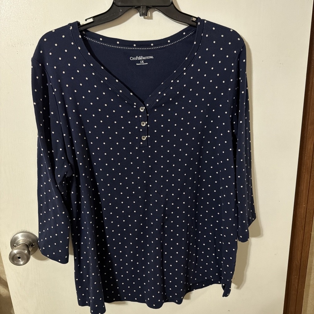 Croft & Barrow Womens 1X Navy w/ Polka Dot Cotton 3/4 Slv Knit Blouse Shirt